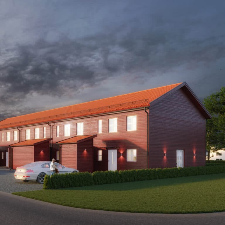 Visualisering av husens framsida i brf alberts gärde 2