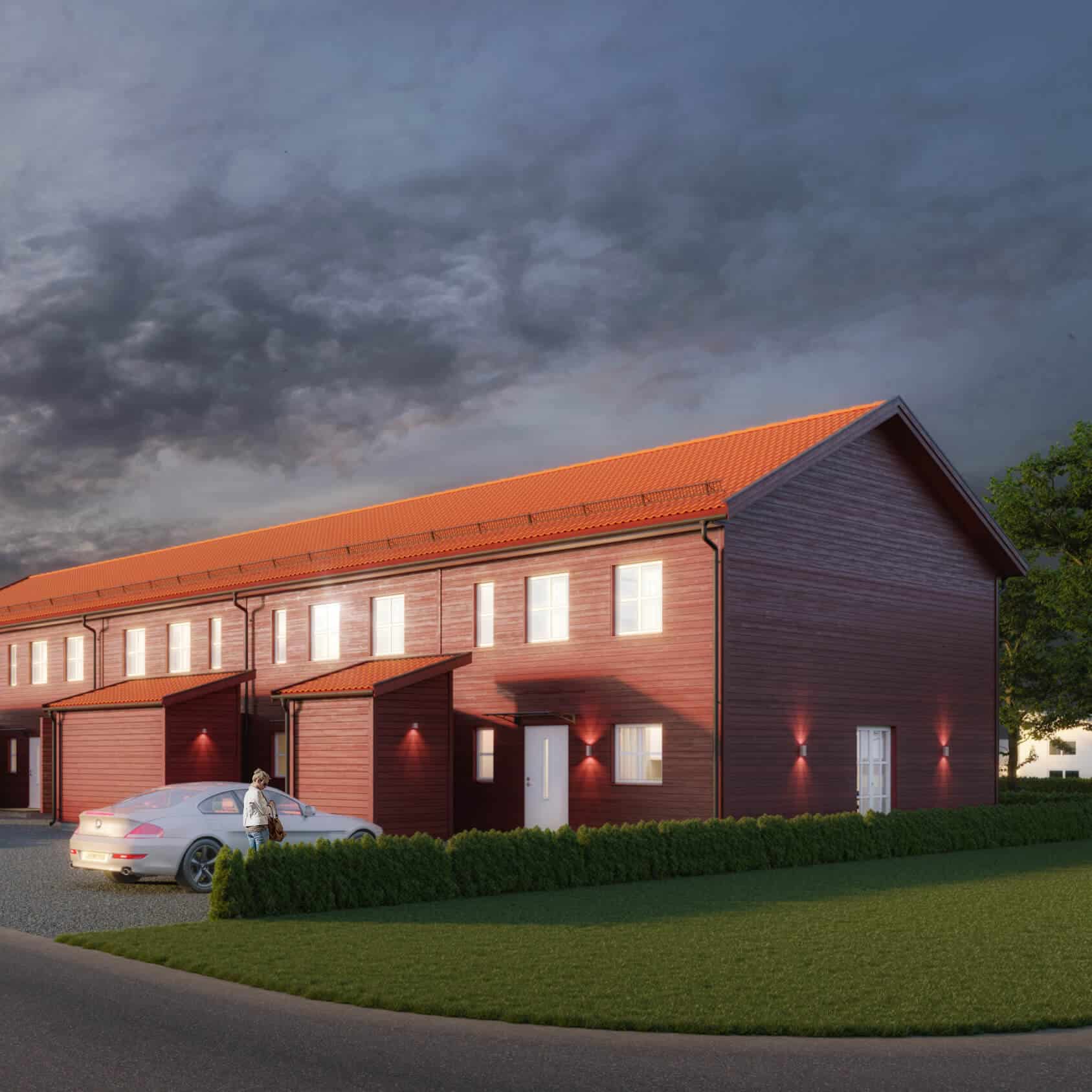 Visualisering av husens framsida i BRF Alberts Gärde 2