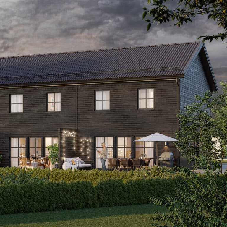 Visualisering av husens baksida i brf höckerkulla höjden 1