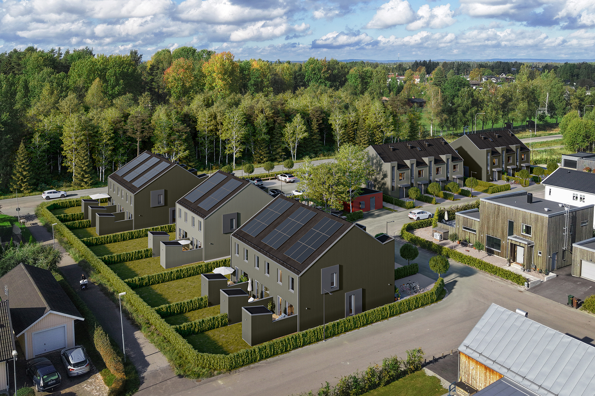 Flygvy över brf nytorpsparken med nyproducerade radhus i marieberg utanför örebro.