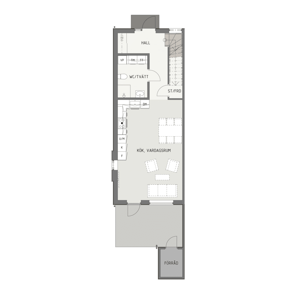 Planritning över entréplan i brf nytorpsparken med öppen planlösning, kök, vardagsrum, tvättstuga och uteplats i marieberg, örebro.