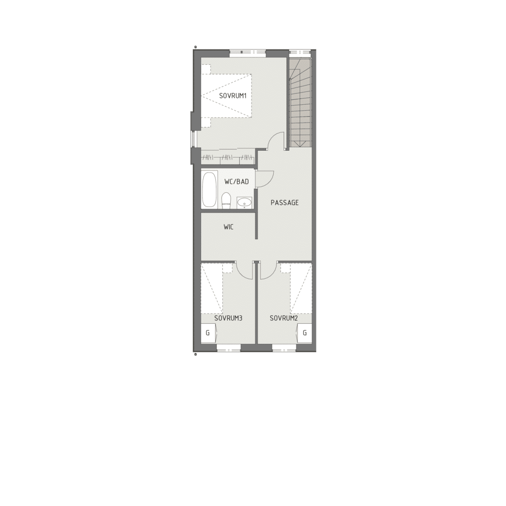 Planritning över övre plan i brf nytorpsparken med tre sovrum, badrum och walk-in-closet i marieberg, örebro.